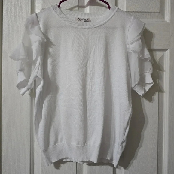 Nanette Lepore White Knit Sweater w/ Layered Chiffon Ruffle Sleeves, EUC! - Picture 2 of 10